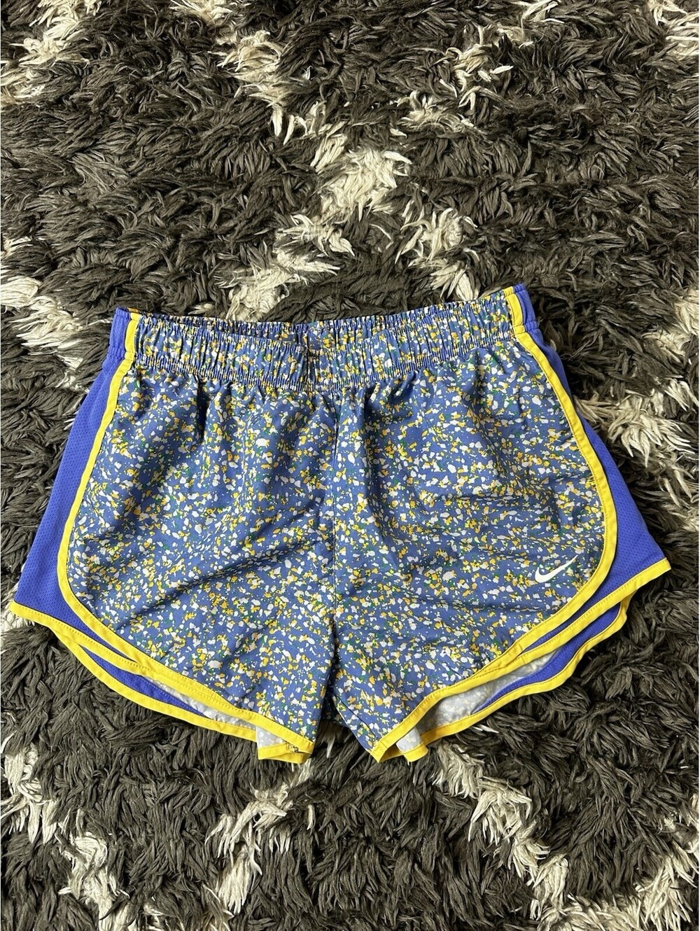 Nike Dri-FIT Womens Running Shorts Blue Yellow Speckled Floral Size M
